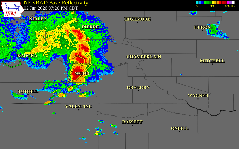 NEXRAD radar during the Tuesday, June 2, 2026 storm activity in Tripp County, South Dakota