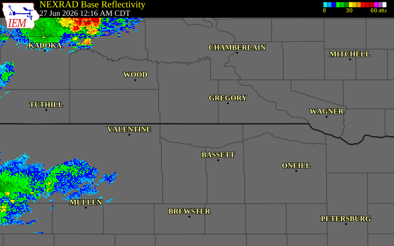 NEXRAD radar during the Saturday, June 27, 2026 storm activity in Tripp County, South Dakota