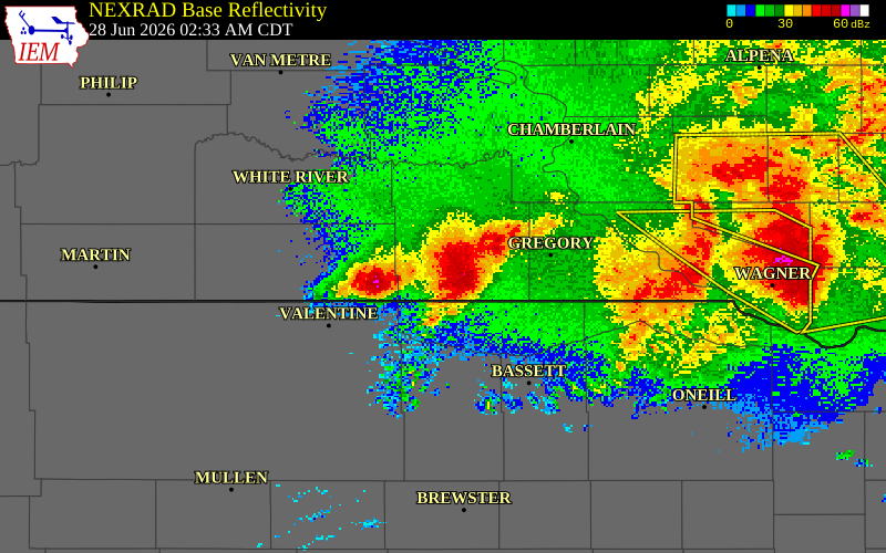 NEXRAD radar during the Sunday, June 28, 2026 storm activity in Tripp County, South Dakota