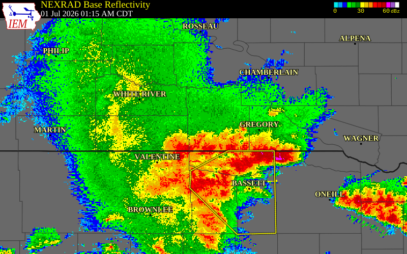 NEXRAD radar during the Wednesday, July 1, 2026 storm activity in Tripp County, South Dakota