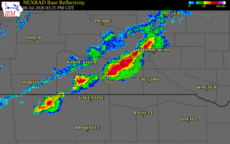 NEXRAD radar during the Monday, July 6, 2026 storm activity in Tripp County, South Dakota