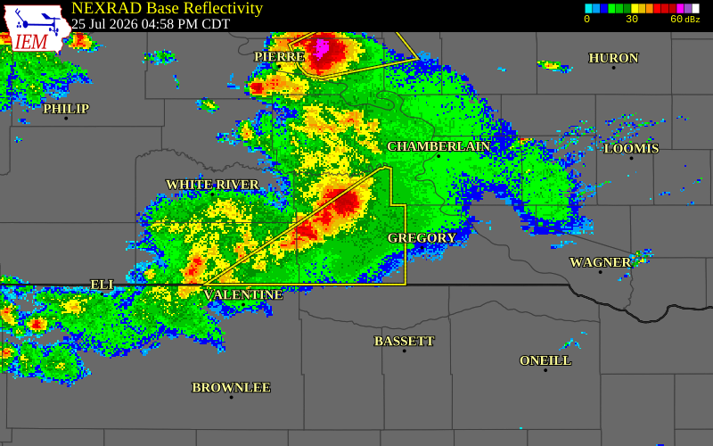 NEXRAD radar during the Saturday, July 25, 2026 storm activity in Tripp County, South Dakota
