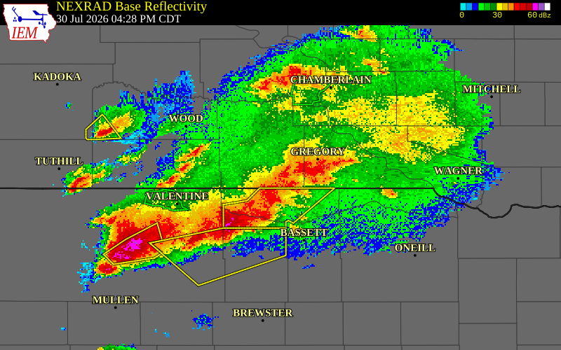 NEXRAD radar during the Thursday, July 30, 2026 storm activity in Tripp County, South Dakota