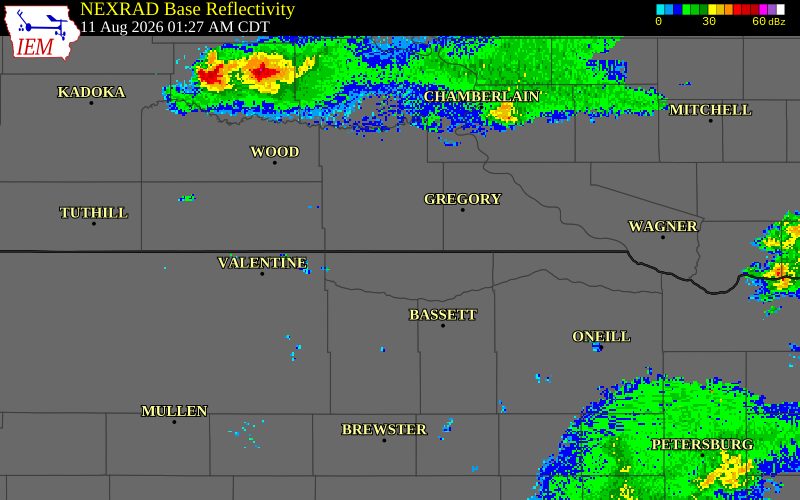 NEXRAD radar during the Tuesday, August 11, 2026 storm activity in Tripp County, South Dakota