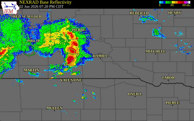 Radar snapshot during the Jun 2, 2026 tornado event near 6 SW Hamill, Tripp County, South Dakota, with NWS warning polygons