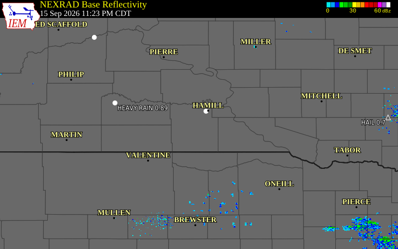 Current NEXRAD radar over Tripp County, South Dakota with recent storm report locations
