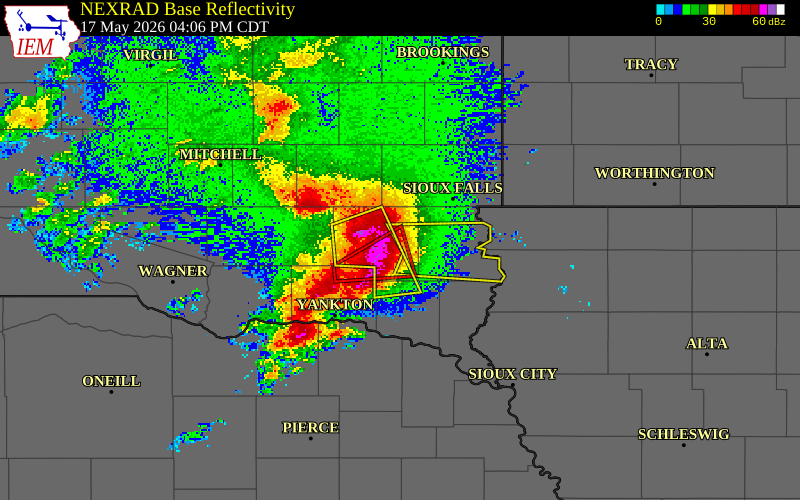 NEXRAD radar during the Sunday, May 17, 2026 storm activity in Turner County, South Dakota