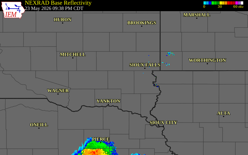 NEXRAD radar during the Saturday, May 23, 2026 storm activity in Turner County, South Dakota