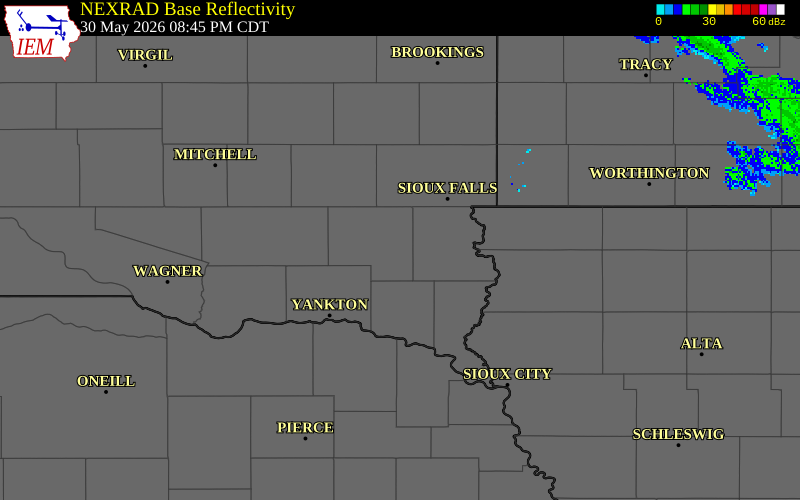 NEXRAD radar during the Saturday, May 30, 2026 storm activity in Turner County, South Dakota