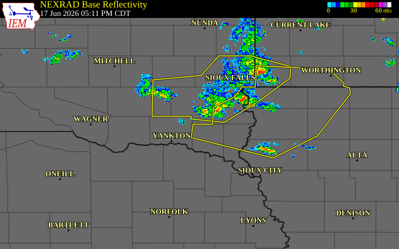 NEXRAD radar during the Wednesday, June 17, 2026 storm activity in Turner County, South Dakota