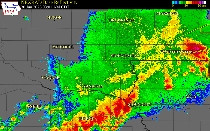 NEXRAD radar during the Tuesday, June 30, 2026 storm activity in Turner County, South Dakota