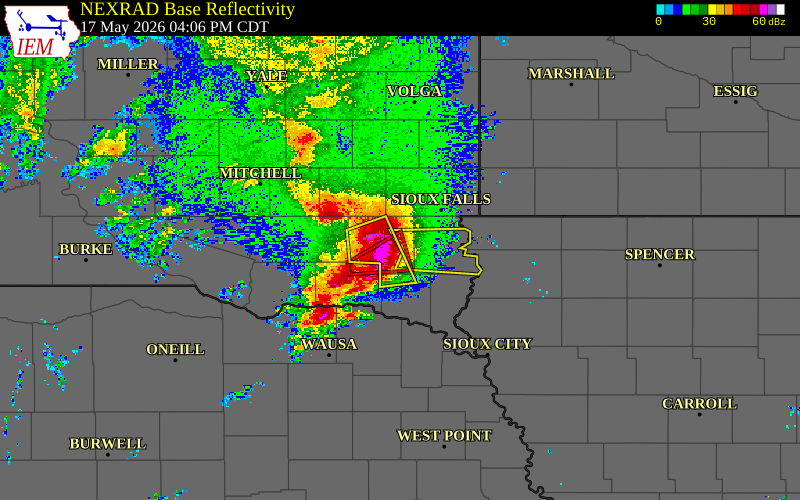 Radar snapshot during the May 17, 2026 tornado event near 2 W Davis, Turner County, South Dakota, with NWS warning polygons
