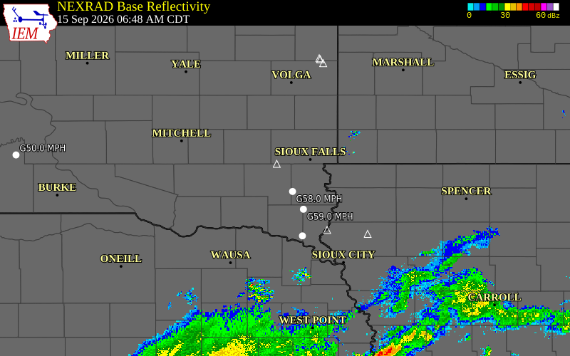 Current NEXRAD radar over Turner County, South Dakota with recent storm report locations