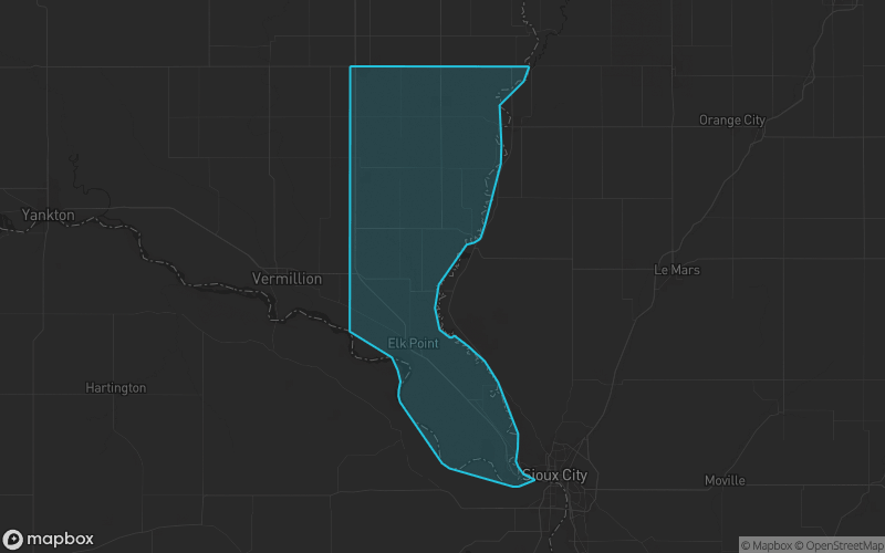 Map of Union County, South Dakota showing the county boundary and surrounding cities