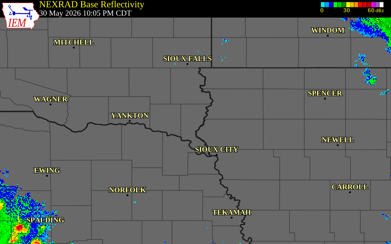 NEXRAD radar during the Saturday, May 30, 2026 storm activity in Union County, South Dakota