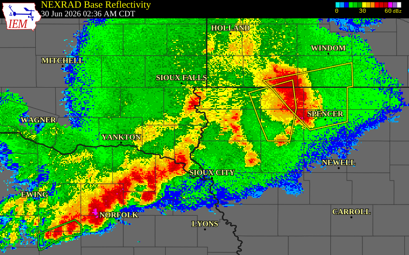 NEXRAD radar during the Tuesday, June 30, 2026 storm activity in Union County, South Dakota
