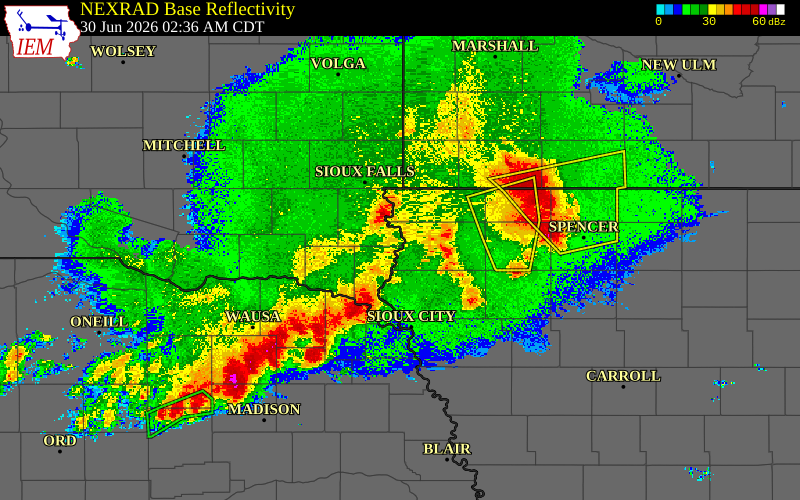 Radar snapshot during the Jun 30, 2026 wind event near 5 SSW Hudson, Union County, South Dakota, with NWS warning polygons