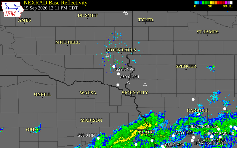 Current NEXRAD radar over Union County, South Dakota with recent storm report locations