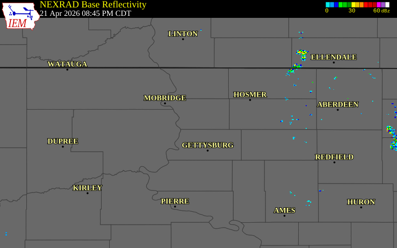 NEXRAD radar during the Tuesday, April 21, 2026 storm activity in Walworth County, South Dakota