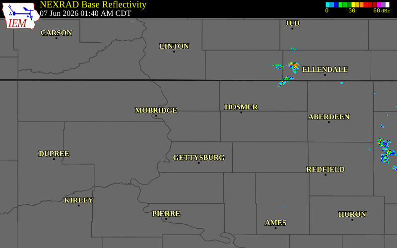 NEXRAD radar during the Sunday, June 7, 2026 storm activity in Walworth County, South Dakota