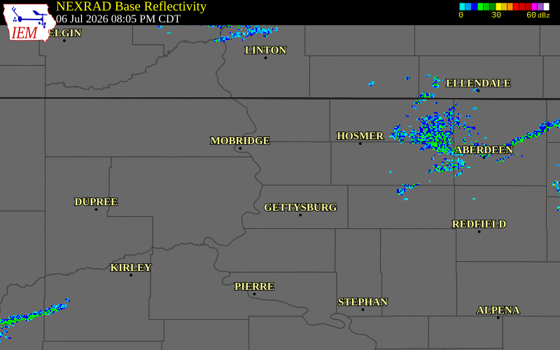 NEXRAD radar during the Monday, July 6, 2026 storm activity in Walworth County, South Dakota