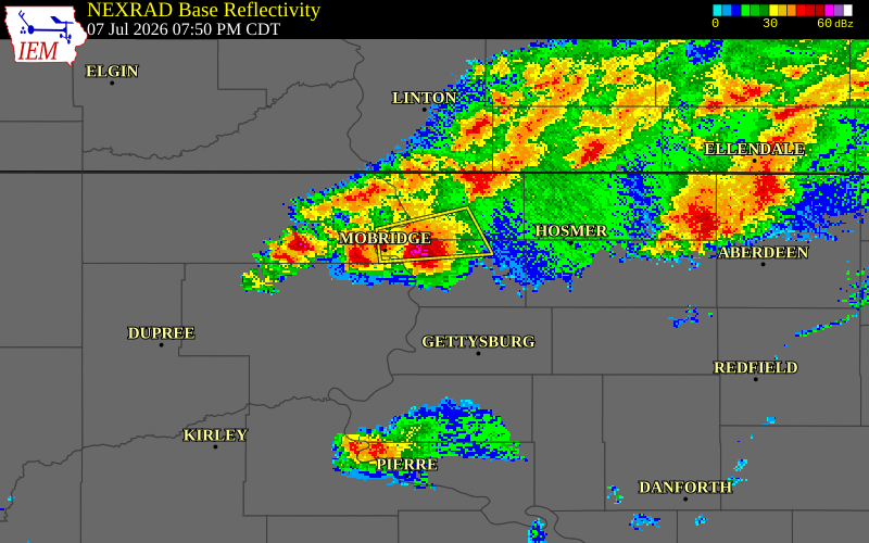 NEXRAD radar during the Tuesday, July 7, 2026 storm activity in Walworth County, South Dakota
