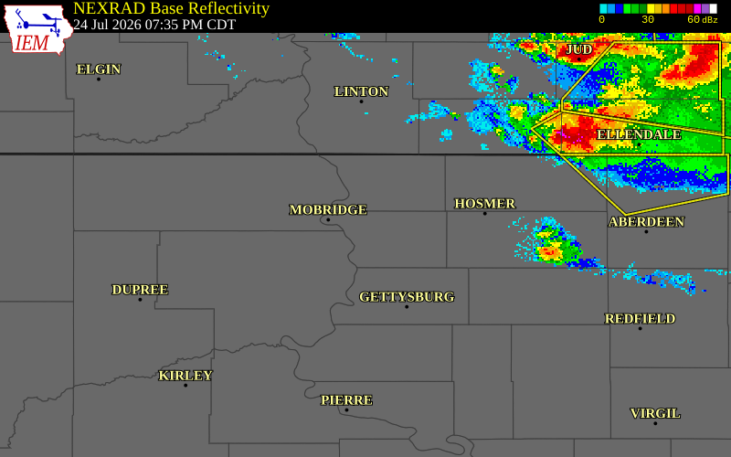 NEXRAD radar during the Friday, July 24, 2026 storm activity in Walworth County, South Dakota