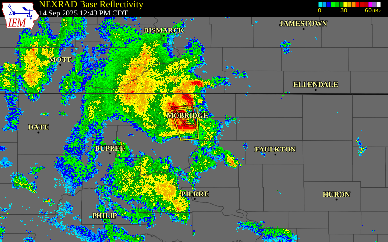 Radar snapshot during the Sep 14, 2025 tornado event near 3 ENE Indian Creek Rec, Walworth County, South Dakota, with NWS warning polygons
