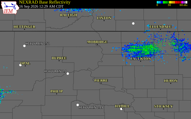 Current NEXRAD radar over Walworth County, South Dakota with recent storm report locations