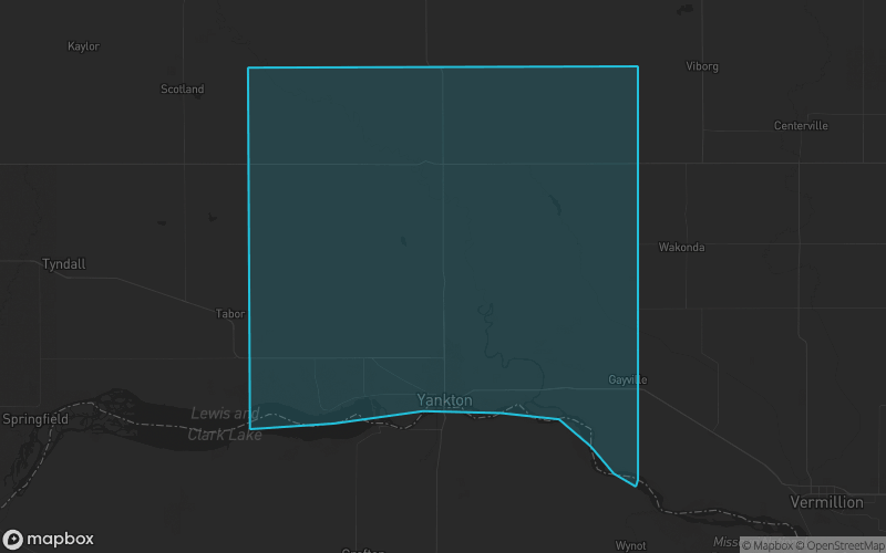 Map of Yankton County, South Dakota showing the county boundary and surrounding cities