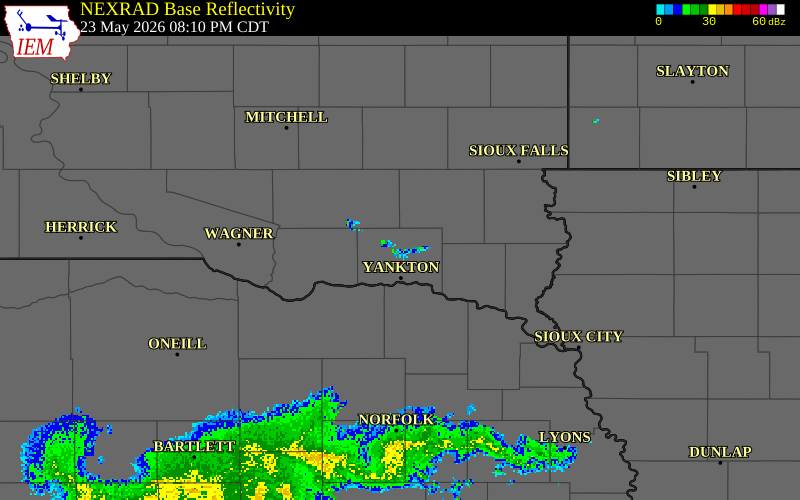 NEXRAD radar during the Saturday, May 23, 2026 storm activity in Yankton County, South Dakota