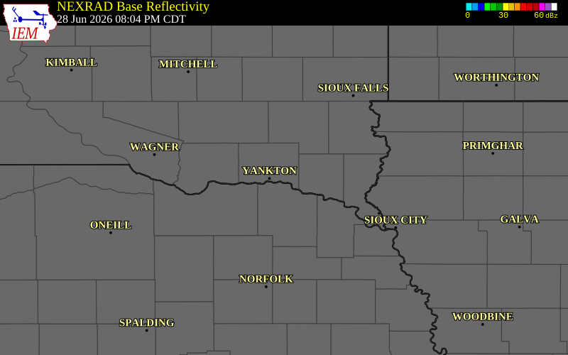NEXRAD radar during the Sunday, June 28, 2026 storm activity in Yankton County, South Dakota