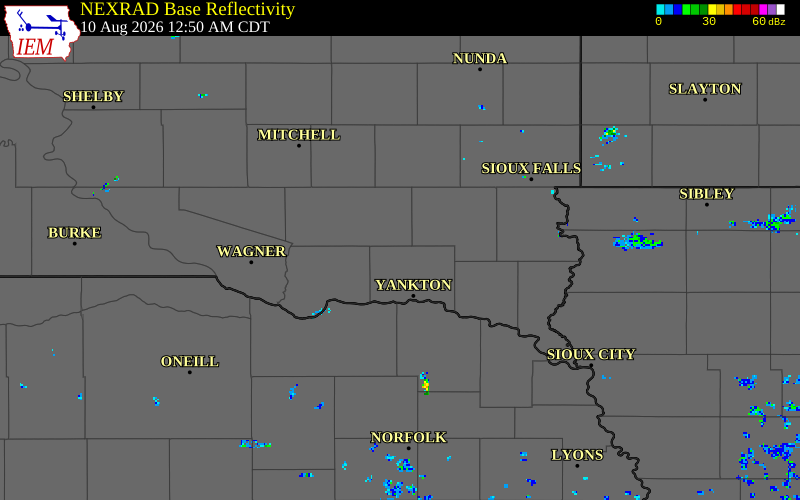 NEXRAD radar during the Monday, August 10, 2026 storm activity in Yankton County, South Dakota