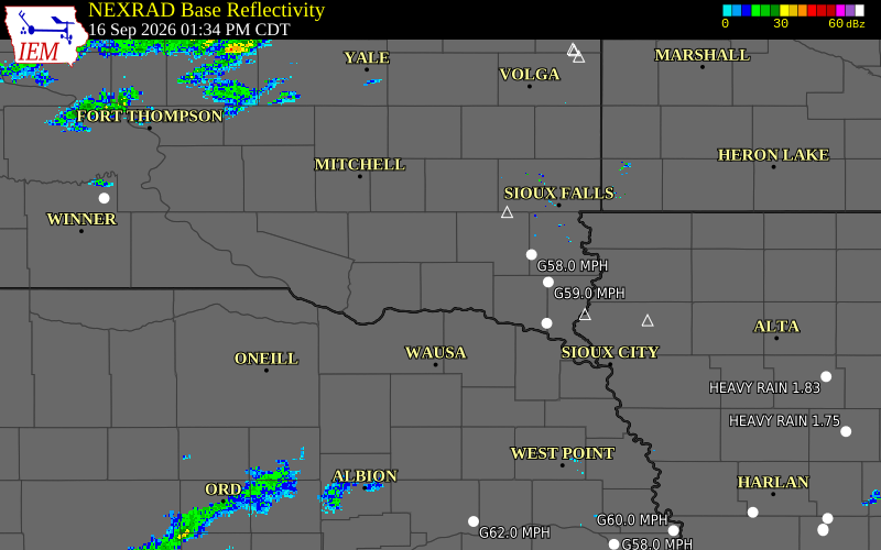 Current NEXRAD radar over Yankton County, South Dakota with recent storm report locations