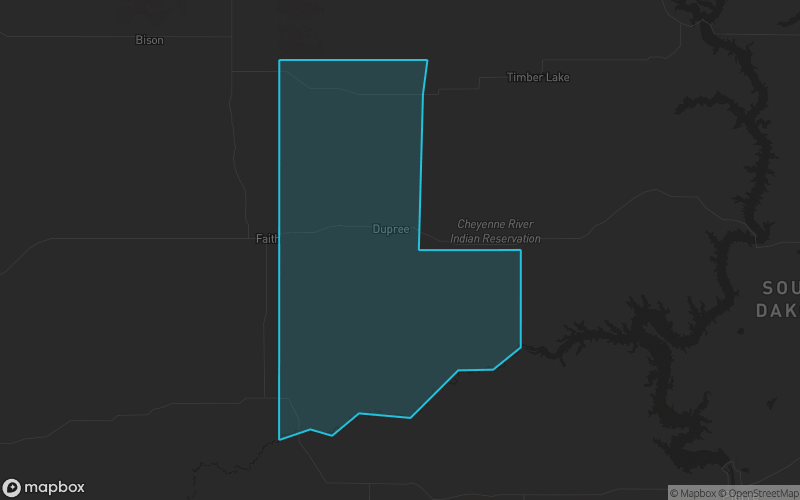 Map of Ziebach County, South Dakota showing the county boundary and surrounding cities