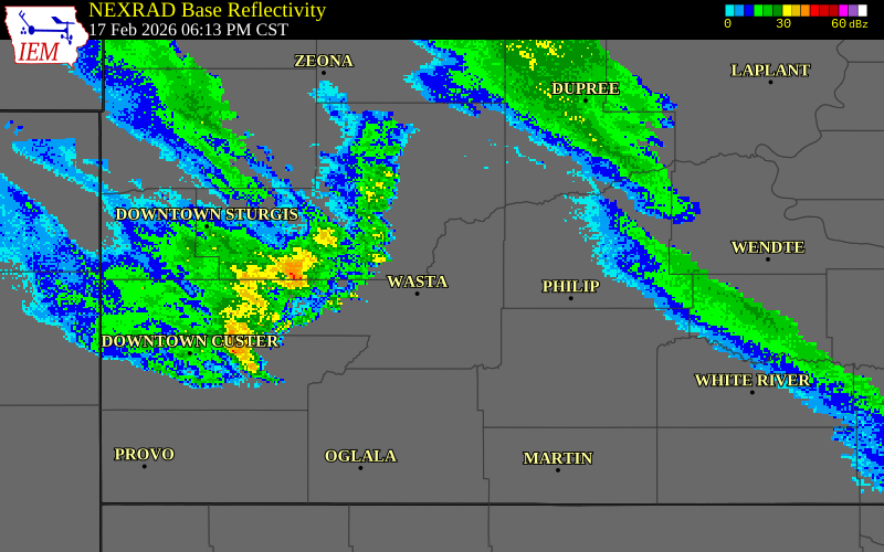NEXRAD radar during the Tuesday, February 17, 2026 storm activity in Ziebach County, South Dakota