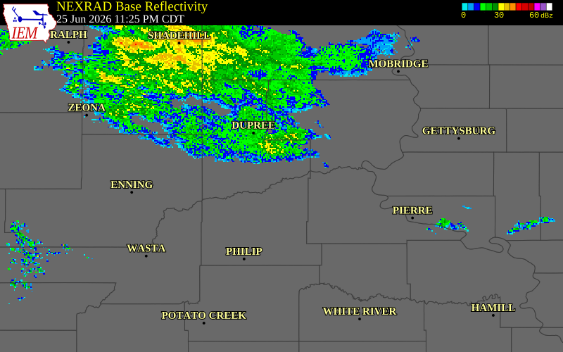 NEXRAD radar during the Thursday, June 25, 2026 storm activity in Ziebach County, South Dakota