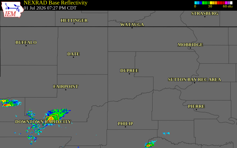 NEXRAD radar during the Wednesday, July 1, 2026 storm activity in Ziebach County, South Dakota