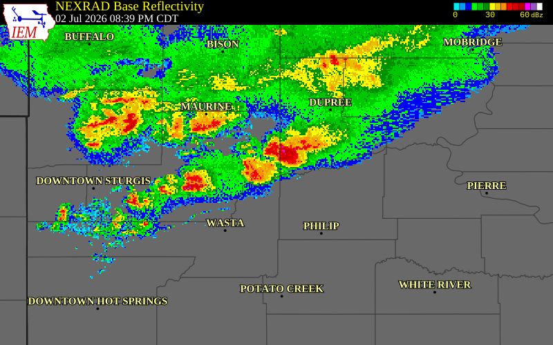 NEXRAD radar during the Thursday, July 2, 2026 storm activity in Ziebach County, South Dakota