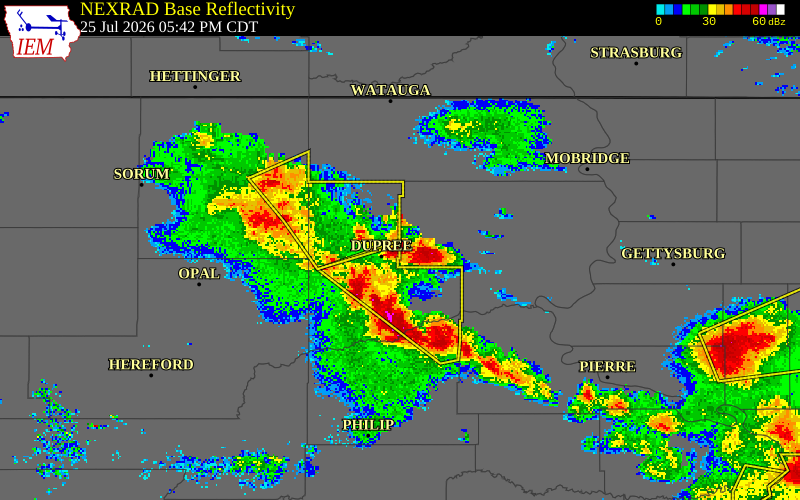 NEXRAD radar during the Saturday, July 25, 2026 storm activity in Ziebach County, South Dakota