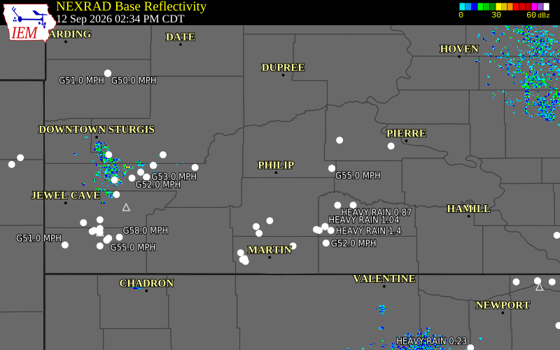 Current NEXRAD radar over Ziebach County, South Dakota with recent storm report locations
