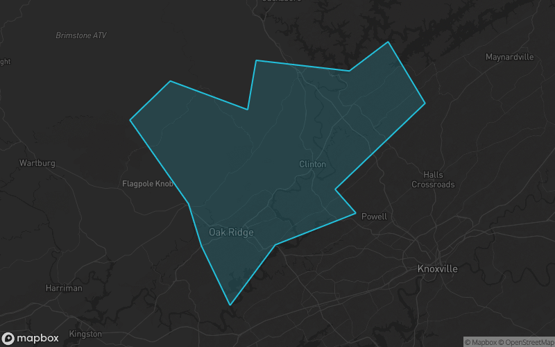 Map of Anderson County, Tennessee showing the county boundary and surrounding cities