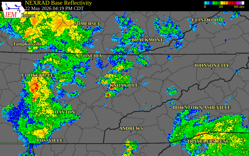 NEXRAD radar during the Friday, May 22, 2026 storm activity in Anderson County, Tennessee