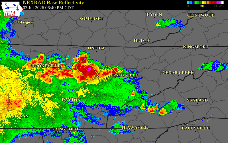 NEXRAD radar during the Friday, July 3, 2026 storm activity in Anderson County, Tennessee