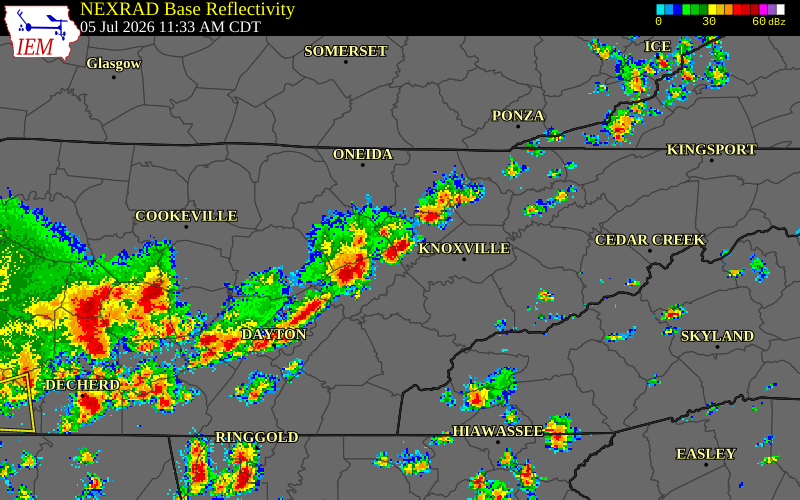 NEXRAD radar during the Sunday, July 5, 2026 storm activity in Anderson County, Tennessee