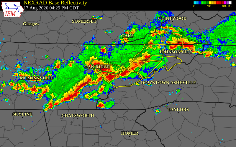 Radar snapshot during the Aug 15, 2026 wind event near Anderson County, Anderson County, Tennessee, with NWS warning polygons