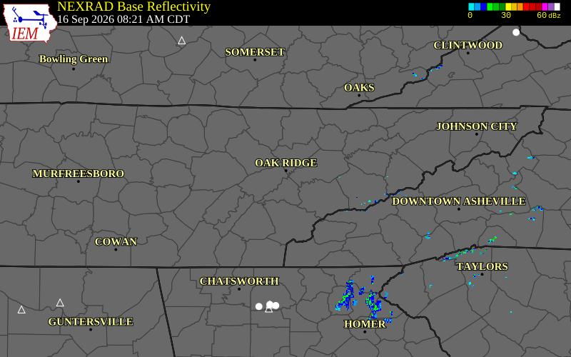 Current NEXRAD radar over Anderson County, Tennessee with recent storm report locations