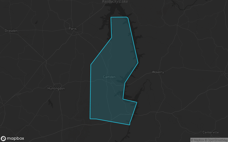 Map of Benton County, Tennessee showing the county boundary and surrounding cities
