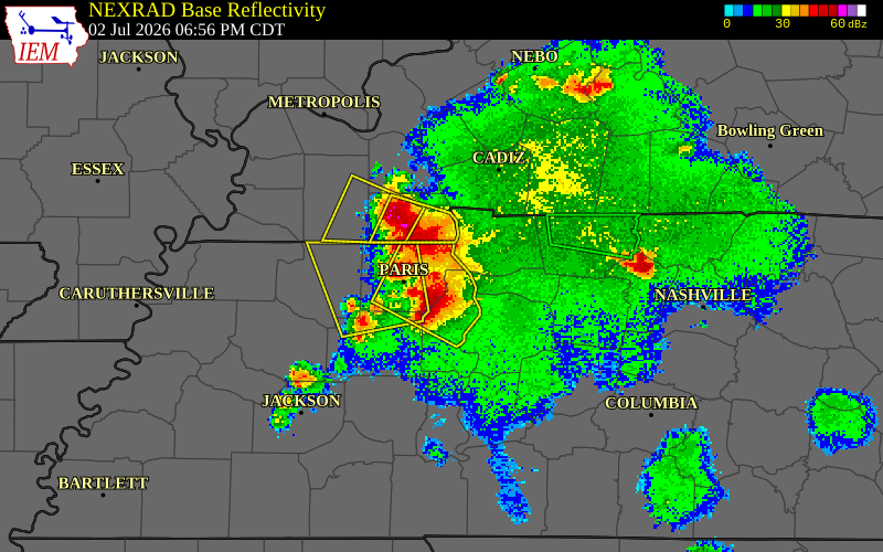 NEXRAD radar during the Thursday, July 2, 2026 storm activity in Benton County, Tennessee