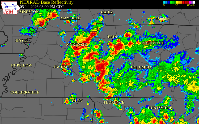NEXRAD radar during the Sunday, July 5, 2026 storm activity in Benton County, Tennessee